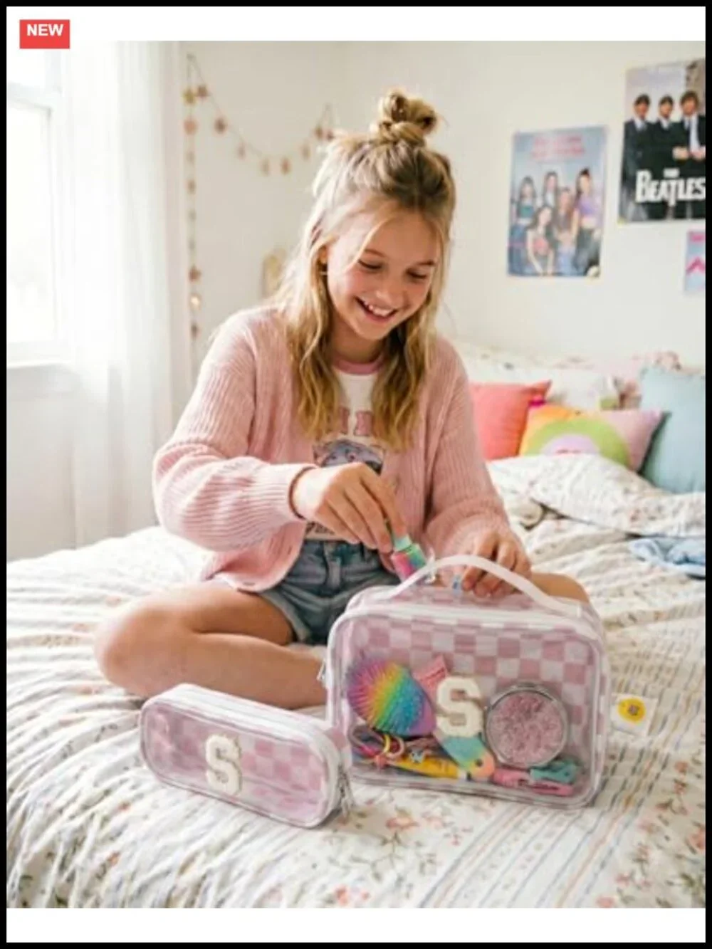 Personalized Initial Chenille Makeup Bag Set 2-Piece Clear PVC Travel Toiletry